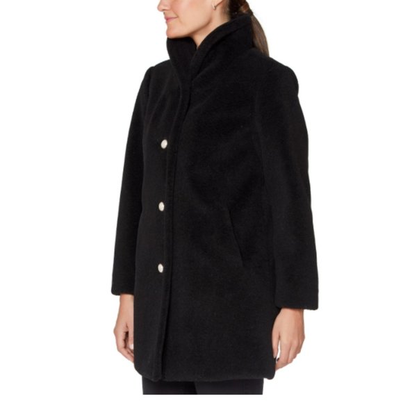 NEW Kate Spade Black Faux Fur Teddy Pearl Button Down Gorgeous Coat Size Small